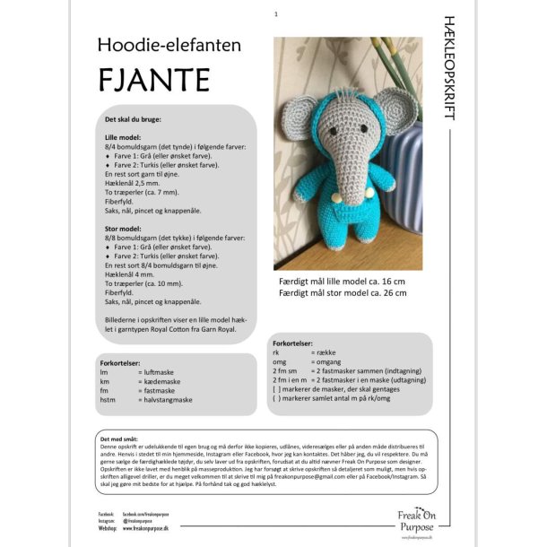 Hkleopskrift HOODIEELEFANTEN FJANTE (downloades fra ordrebekrftelsen)